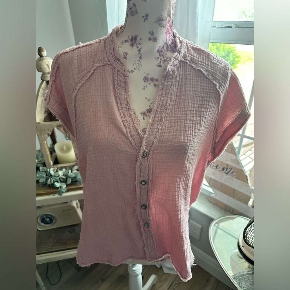 We The Free Blush Pink Button-Front Textured Gauze Top